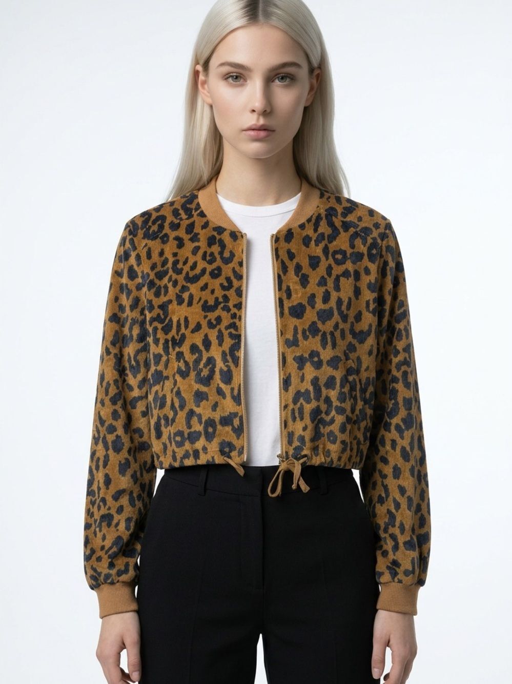 Essue | Animal Print Textured Semi Crop Zip Front Jacket Women’s Size Medium